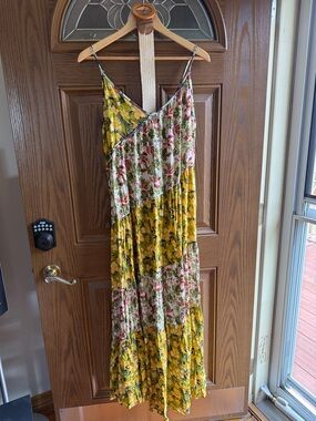 easel Floral Patchwork Spaghetti-Strap Maxi Dress in Yellow and Cream with Pink